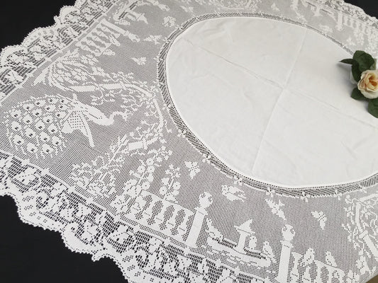 Mary Card "The Garden" Crochet Lace and Irish Linen Collectible Vintage Tablecloth with Peacocks in the Garden Chart No. 68