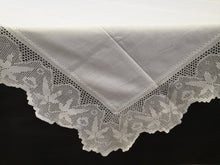 Load image into Gallery viewer, Vintage Irish Damask Linen Tablecloth with Maple Leaf Patterned Deep Filet Crochet Edging