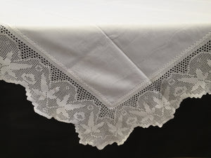 Vintage Irish Damask Linen Tablecloth with Maple Leaf Patterned Deep Filet Crochet Edging