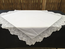 Load image into Gallery viewer, Vintage Irish Damask Linen Tablecloth with Maple Leaf Patterned Deep Filet Crochet Edging