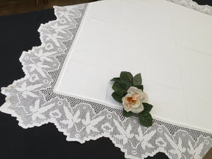 Vintage Irish Damask Linen Tablecloth with Maple Leaf Patterned Deep Filet Crochet Edging