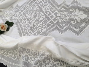 Large Oblong Vintage Irish Linen and Art Deco Off-White Filet Crochet Inlay and Edging