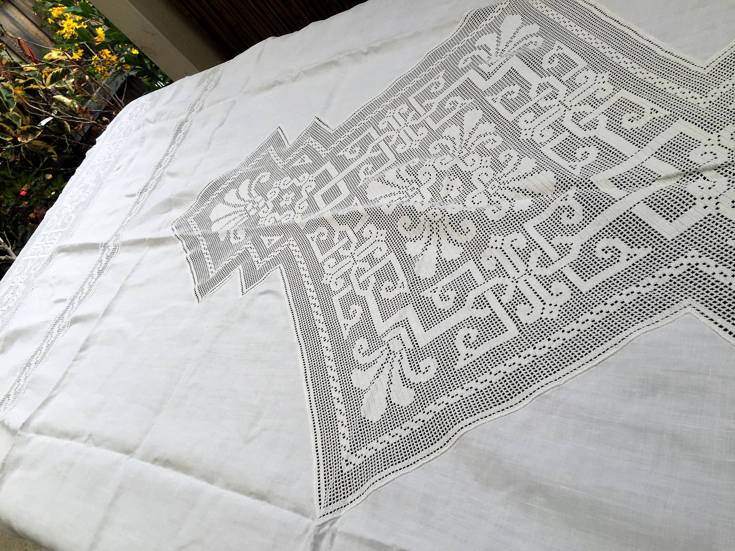 Large Oblong Vintage Irish Linen and Art Deco Off-White Filet Crochet Inlay and Edging
