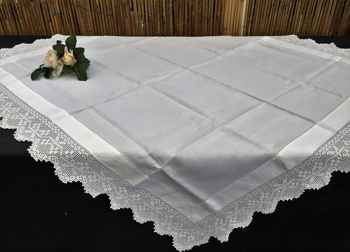 Vintage Ajour Openwork Embroidered Irish Linen Tablecloth with Deep Floral Filet Crochet Edging