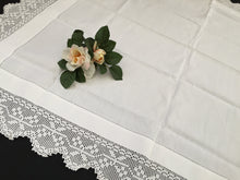 Load image into Gallery viewer, Vintage Ajour Openwork Embroidered Irish Linen Tablecloth with Deep Floral Filet Crochet Edging