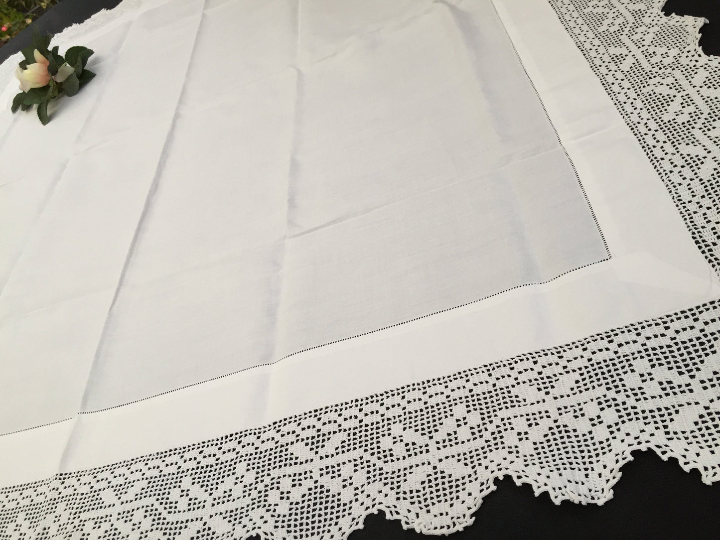 Vintage Ajour Openwork Embroidered Irish Linen Tablecloth with Deep Floral Filet Crochet Edging