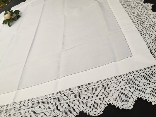 Vintage Ajour Openwork Embroidered Irish Linen Tablecloth with Deep Floral Filet Crochet Edging