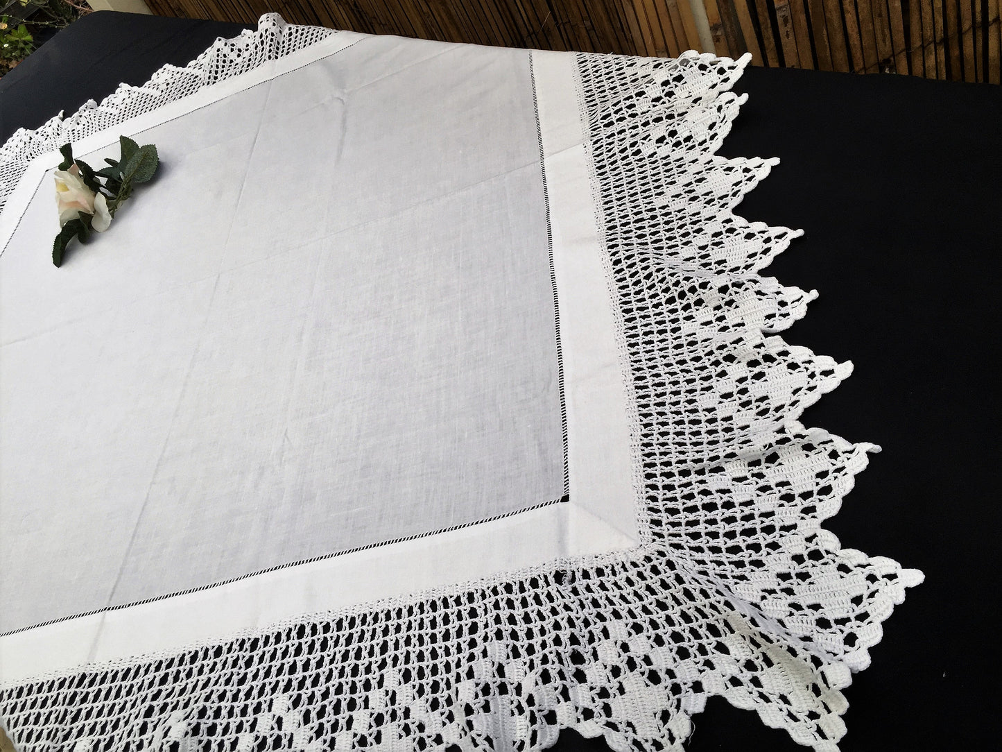 Vintage Embroidered Irish Linen Tablecloth with Filet Crochet Edging