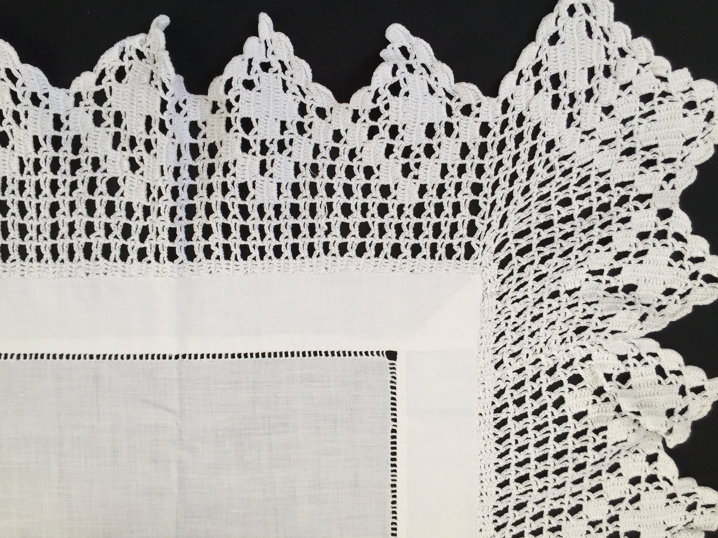 Vintage Embroidered Irish Linen Tablecloth with Filet Crochet Edging