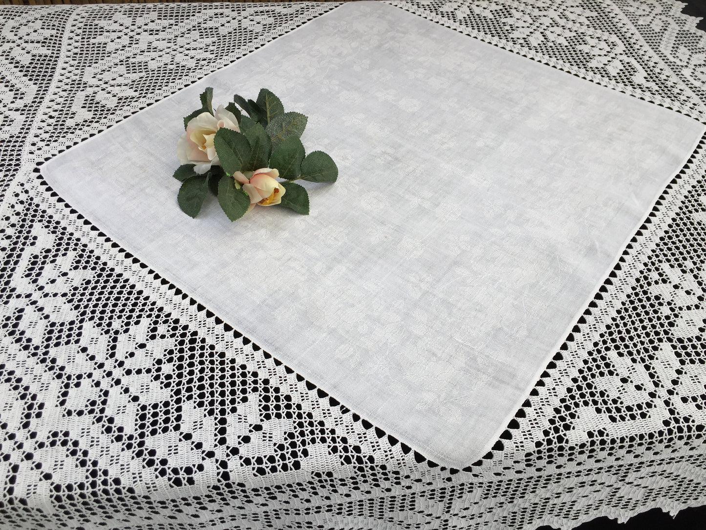 Vintage Irish Art Nouveau Style Damask Linen Tablecloth with Deep Filet Crochet Lace Edging