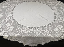 Load image into Gallery viewer, Collectible Vintage Irish Lace and Linen Tablecloth with Mary Card Designed Filet Crochet Edging &quot;Woodland Animals&quot;