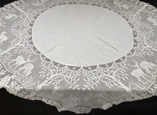 Collectible Vintage Irish Lace and Linen Tablecloth with Mary Card Designed Filet Crochet Edging 