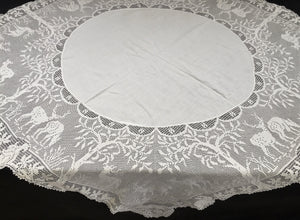 Collectible Vintage Irish Lace and Linen Tablecloth with Mary Card Designed Filet Crochet Edging "Woodland Animals"