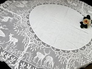 Collectible Vintage Irish Lace and Linen Tablecloth with Mary Card Designed Filet Crochet Edging "Woodland Animals"