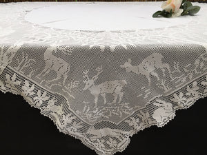 Collectible Vintage Irish Lace and Linen Tablecloth with Mary Card Designed Filet Crochet Edging "Woodland Animals"