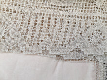 Load image into Gallery viewer, Irish Linen Tablecloth Unused Vintage with Cherubs Design on Deep Filet Lace Edging