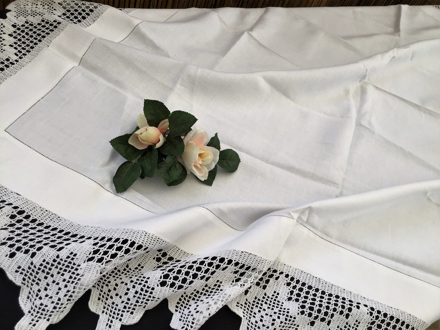Antique Ajour Openwork Embroidered Irish Linen Tablecloth with Deep Floral Filet Crochet Edging
