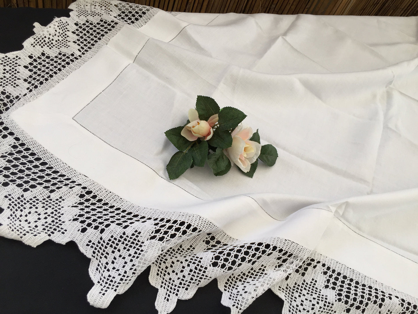 Antique Ajour Openwork Embroidered Irish Linen Tablecloth with Deep Floral Filet Crochet Edging
