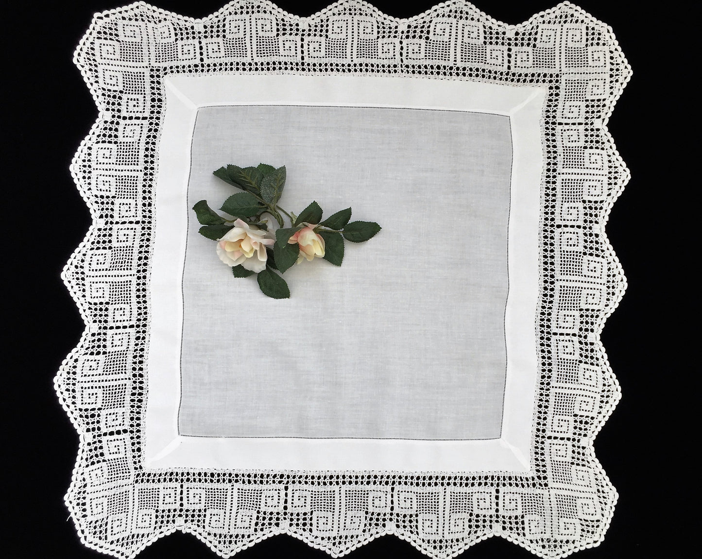 Antique Irish Lace and Linen Tablecloth with Openwork Ajour Embroidery and Filet Crochet Edging