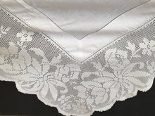 Load image into Gallery viewer, Large Antique Irish Lace and Linen Tablecloth with Ajour Embroidery and Deep Floral Filet Crochet Edging