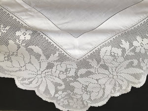 Large Antique Irish Lace and Linen Tablecloth with Ajour Embroidery and Deep Floral Filet Crochet Edging