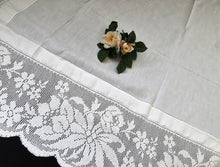 Load image into Gallery viewer, Large Antique Irish Lace and Linen Tablecloth with Ajour Embroidery and Deep Floral Filet Crochet Edging