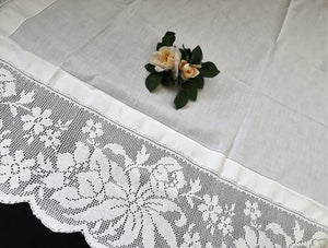 Large Antique Irish Lace and Linen Tablecloth with Ajour Embroidery and Deep Floral Filet Crochet Edging