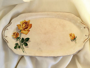 J G Meakin (England) Oval Off-white/Gold Sandwich Tray with Yellow Roses