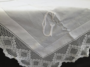 Vintage Art Deco Style Irish Linen Monogrammed (G) Tablecloth with Ajour Openwork Embroidery and Deep Filet Crochet Edging