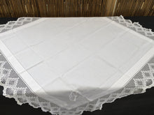 Load image into Gallery viewer, Vintage Art Deco Style Irish Linen Monogrammed (G) Tablecloth with Ajour Openwork Embroidery and Deep Filet Crochet Edging