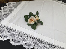 Load image into Gallery viewer, Vintage Art Deco Style Irish Linen Monogrammed (G) Tablecloth with Ajour Openwork Embroidery and Deep Filet Crochet Edging