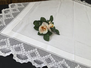 Vintage Art Deco Style Irish Linen Monogrammed (G) Tablecloth with Ajour Openwork Embroidery and Deep Filet Crochet Edging