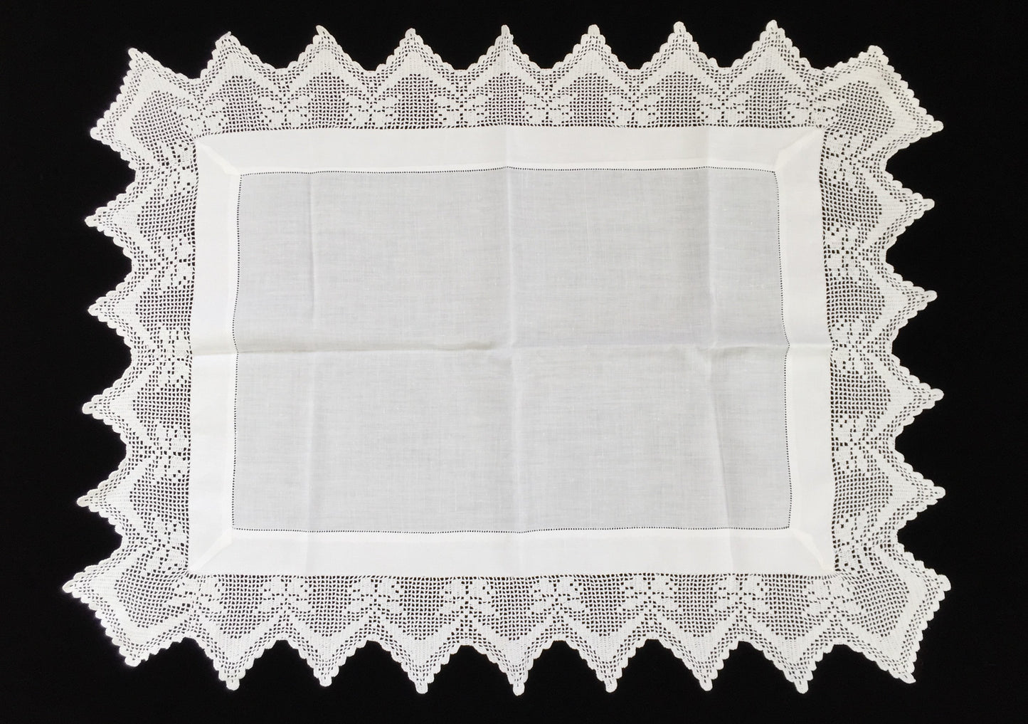 Antique Irish Linen and Lace Table Topper with Ajour Openwork Embroidery and Deep Filet Crochet Edging