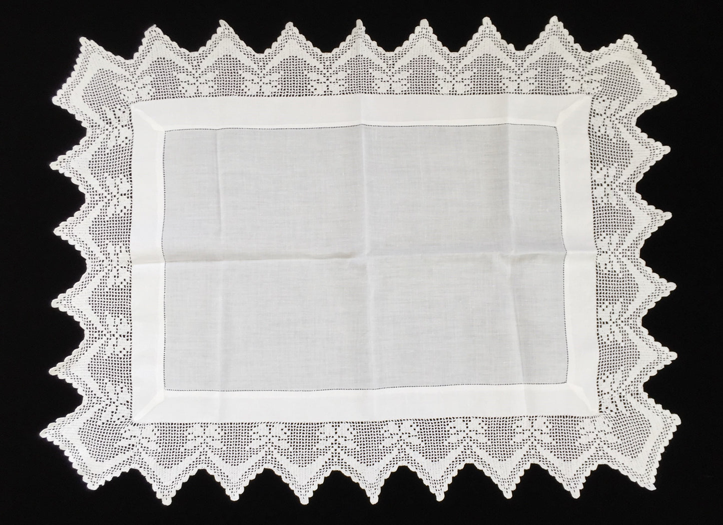 Antique Irish Linen and Lace Table Topper with Ajour Openwork Embroidery and Deep Filet Crochet Edging