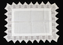 Load image into Gallery viewer, Antique Irish Linen and Lace Table Topper with Ajour Openwork Embroidery and Deep Filet Crochet Edging