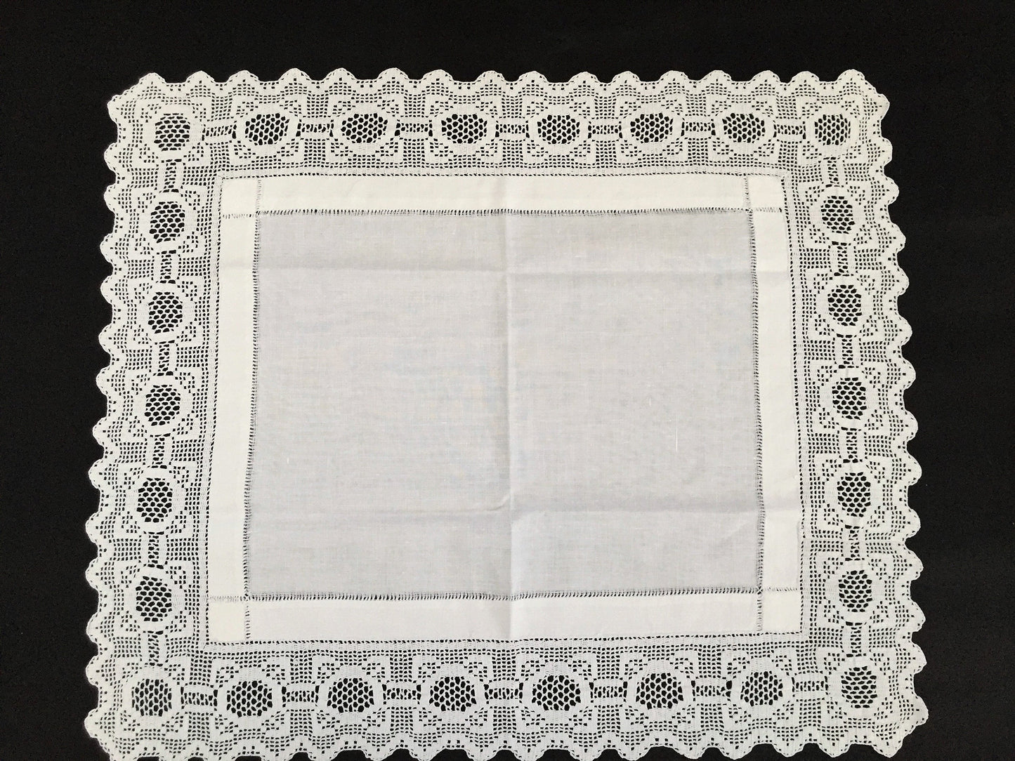 Antique Irish Linen and Lace Table Topper with Ajour Openwork Embroidery and Deep Filet Crochet Edging