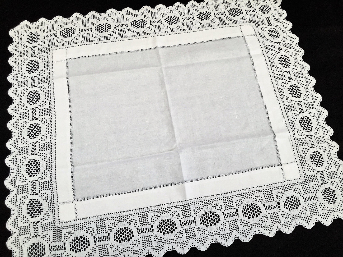 Antique Irish Linen and Lace Table Topper with Ajour Openwork Embroidery and Deep Filet Crochet Edging