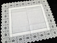 Load image into Gallery viewer, Antique Irish Linen and Lace Table Topper with Ajour Openwork Embroidery and Deep Filet Crochet Edging