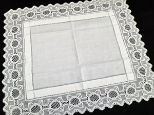 Antique Irish Linen and Lace Table Topper with Ajour Openwork Embroidery and Deep Filet Crochet Edging