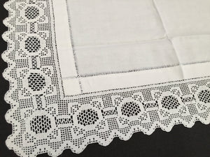 Antique Irish Linen and Lace Table Topper with Ajour Openwork Embroidery and Deep Filet Crochet Edging