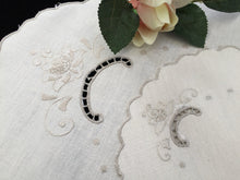 Load image into Gallery viewer, Vintage Madeira Off-white and Taupe Silk Embroidered Oval and Round Cotton Linen Doily Set of Two with Scalloped Edging