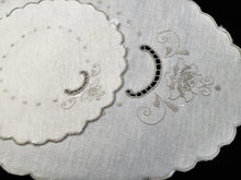 Load image into Gallery viewer, Vintage Madeira Off-white and Taupe Silk Embroidered Oval and Round Cotton Linen Doily Set of Two with Scalloped Edging