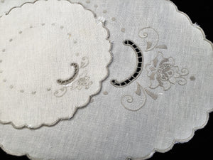 Vintage Madeira Off-white and Taupe Silk Embroidered Oval and Round Cotton Linen Doily Set of Two with Scalloped Edging
