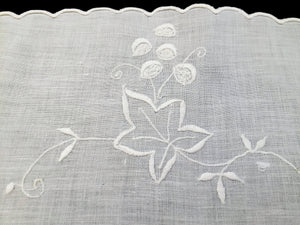 Vintage Irish Linen Embroidered Oval Table Runner or Table Topper with Grapevine Pattern and Scalloped Edging