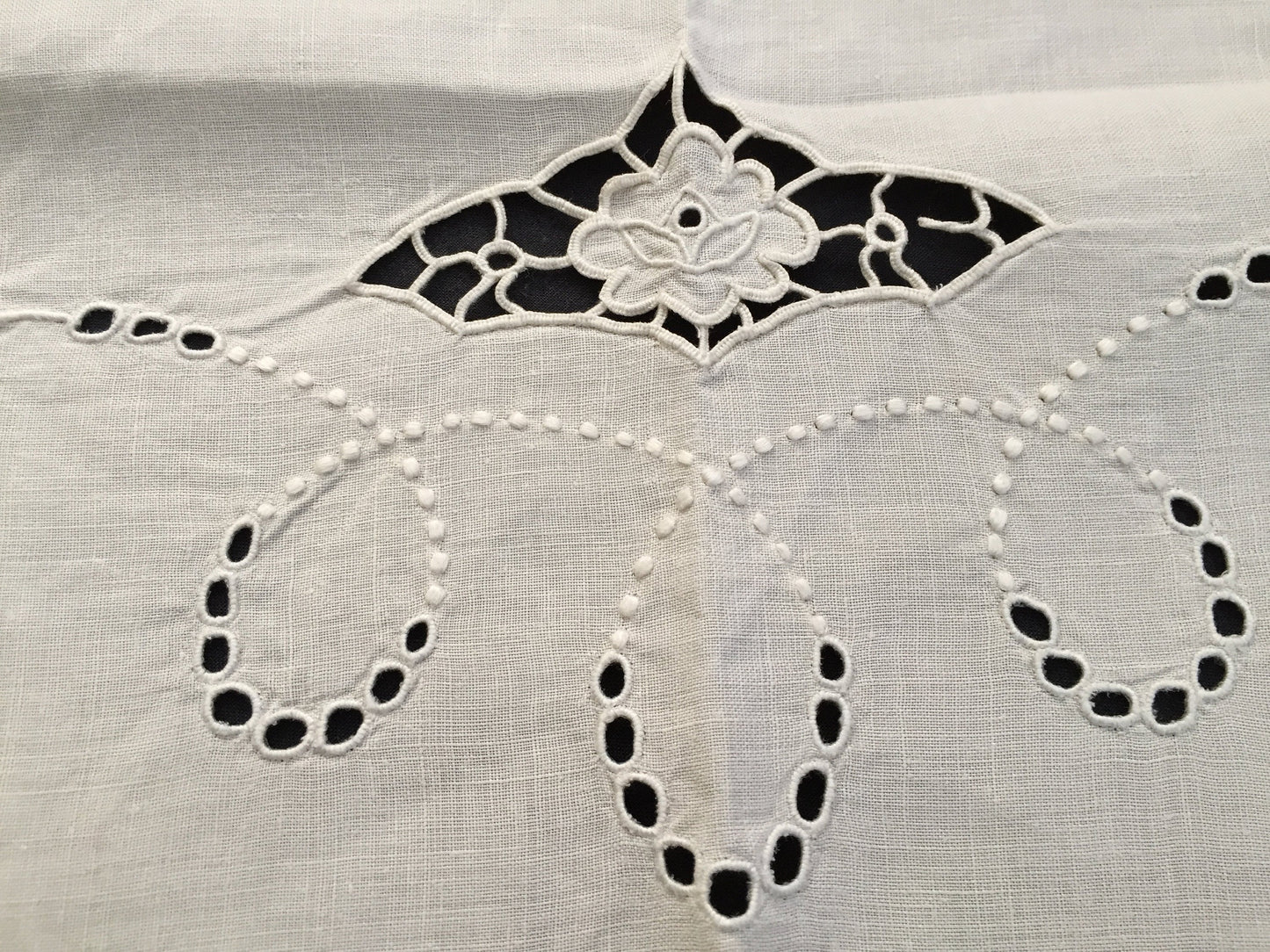 Antique Irish Linen Beige Madeira Broderie Anglaise Eyelet Hand Embroidered Linen Tablecloth/Supper Cloth