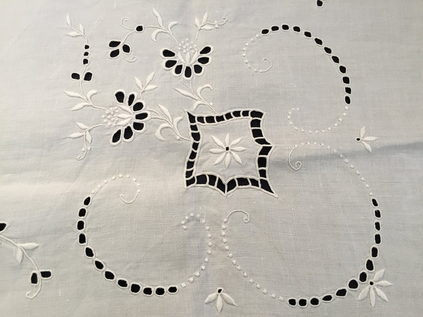 Antique Irish Linen Beige Madeira Broderie Anglaise Eyelet Hand Embroidered Linen Tablecloth/Supper Cloth
