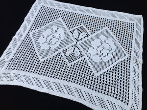 Large White Vintage Filet Crochet Lace Doily or Small Table Runner with Roses Pattern