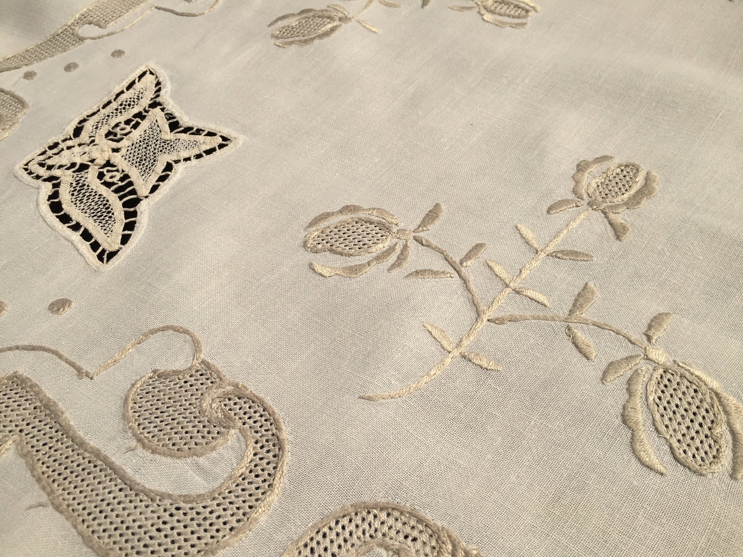 Embroidered Vintage Ivory/Beige Linen Tablecloth with Lace Inserts
