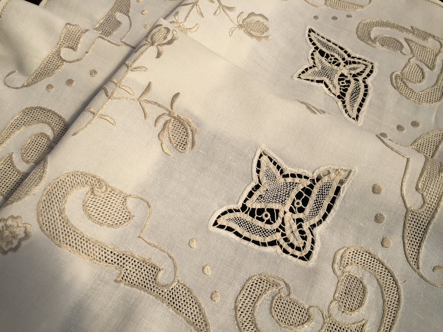 Embroidered Vintage Ivory/Beige Linen Tablecloth with Lace Inserts