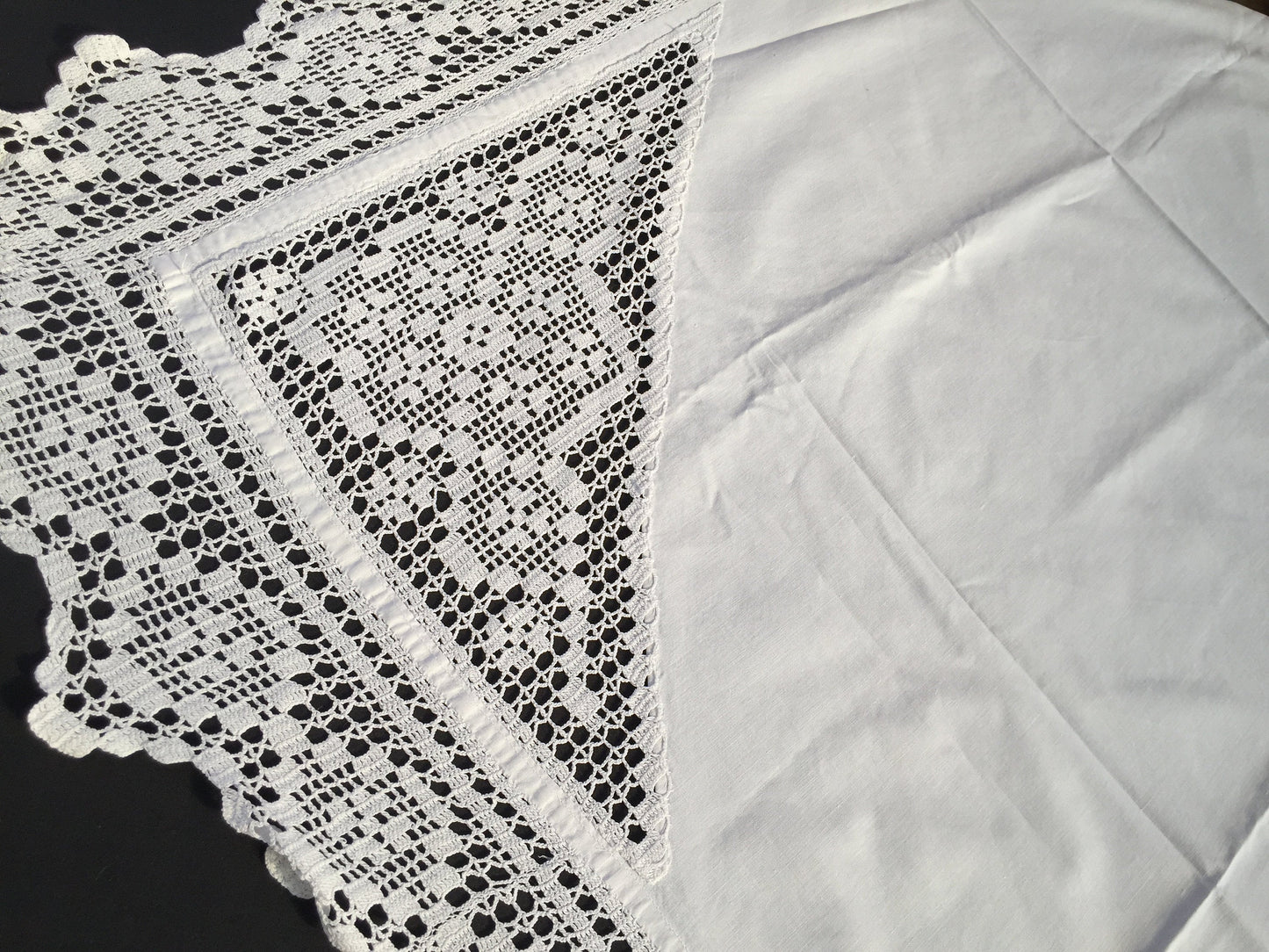 Antique Irish Linen Tablecloth with Crochet Lace Insets and Edging